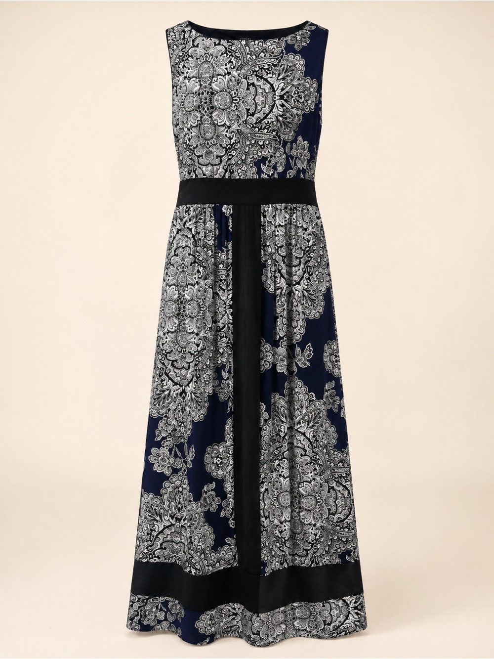 Chaps Petite M Navy Paisley Sleeveless Maxi Dress Waist Tie Stretch Lined